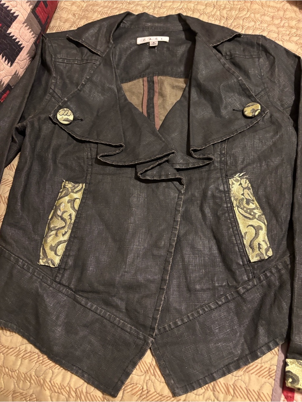 Cabi Waxed Linen Moto Jacket Charcoal Black Ruffle Cropped Style 901 Size Small
